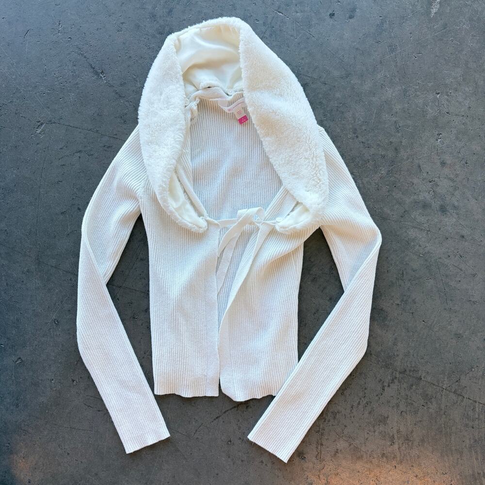 Vintage Y2k White Fur Ribbed Knit Collar Button Front Open Cardigan Women's S